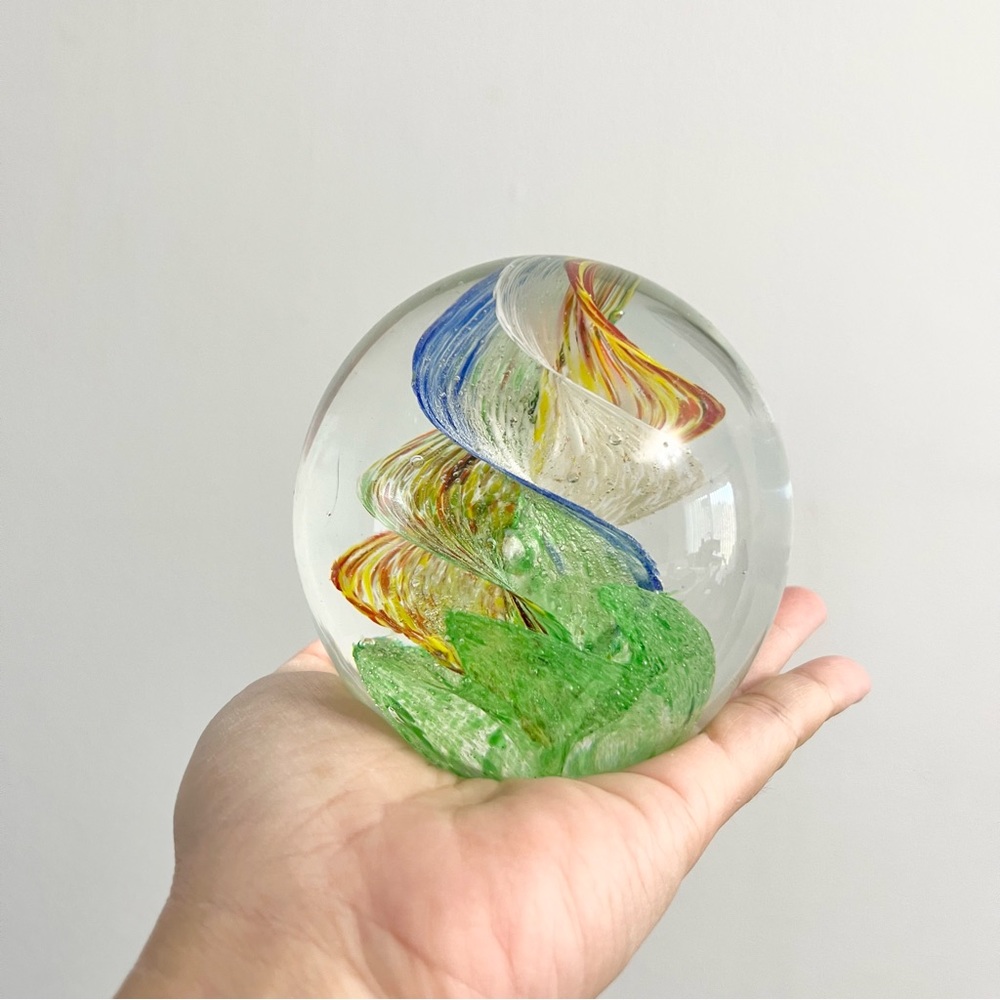 Vintage Pier One Glass Globe Paperweight w Multicolored Swirls Down Middle 2.5lb